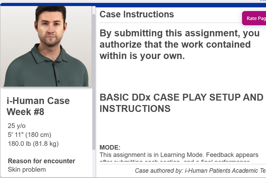 NRNP-6560 i-Human Case Week #8 25 y/o 5' 11" (180 cm) 180.0 lb (81.8 kg) Reason for encounter Skin problem